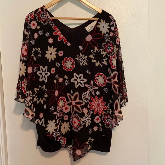 Gloria Lance Tops - Gloria Lance Floral Ruffle Cape Sleeve Blouse